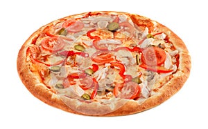 Pizza with pastrami, mushrooms, pepper and cucumber isolated onPizza with pastrami, mushrooms, pepper and cucumber isolated