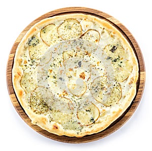 Pizza with pears, gorgonzola cheese, and mozzarella cheese