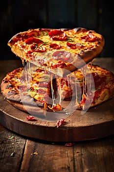 Pizza peel. Rustic table. Stacked pizza