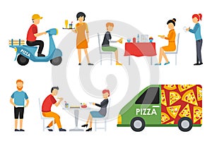 Pizza People in a interior flat icons set. Pizzeria conceptual web vector illustration.