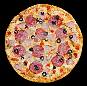 Pizza with peperoni, mushrooms and ham, isolated photo