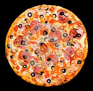 Pizza with peperoni, mushrooms and ham, isolated photo