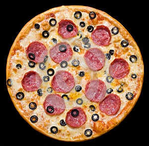 Pizza with peperoni and olives, clipping path photo