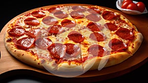 Pizza Pepperoni - A freshly-made, pepperoni pizza with sausage and cheese oozing from the crust. Unhealthy but delicious