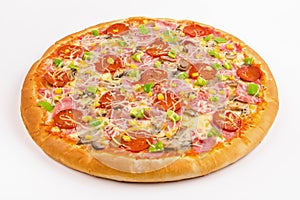 Pizza with pepperoni, ham and corn on a white background.