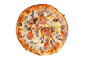 Pizza with pepperoni, minced meat, mushrooms, sweet pepper and olives isolated on a white