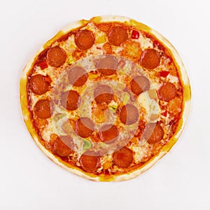 Pizza pepperoni on a white background. Top view