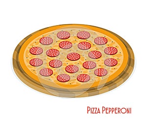 Pizza Pepperoni on wooden board. Isometric vector illustration