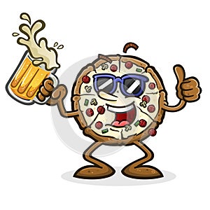 Pizza Pie Cartoon Character with Attitude Holding a Mug of Beer