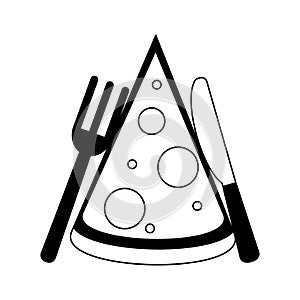 Pizza piece with fork and knife black and white