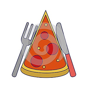 Pizza piece with fork and knife blue lines