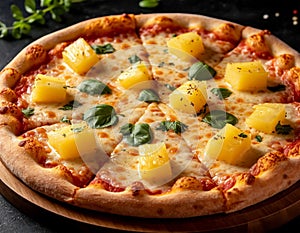 Pizza with pineapples, AI generated.