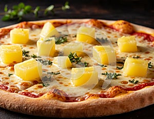 Pizza with pineapples, AI generated.