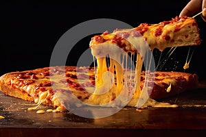 Pizza and pizza slices, covered with a delectable combination of melted cheeses, represent the epitome
