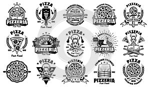 Pizza and pizzeria big set of fifteen vector emblems, badges, labels or logos in vintage monochrome style isolated on