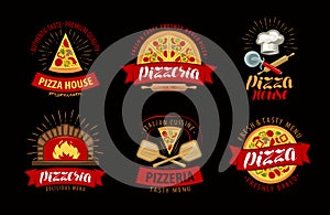Pizza, pizzeria logo or label. Elements for menu design restaurant or cafe