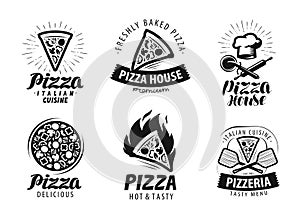 Pizza, pizzeria logo or label. Food icon set. Vector illustration photo