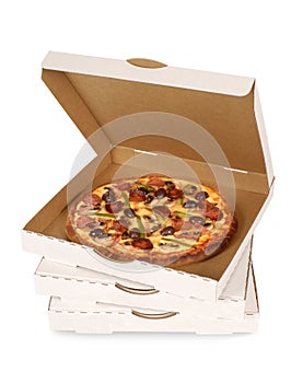 Pizza in plain white delivery box, isolated white background