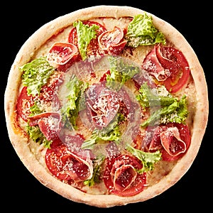 Pizza with prosciutto, lettuce salad and parmesan