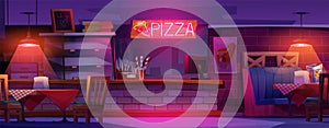 Pizza restaurant interior at night cartoon vector