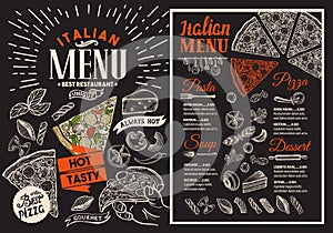 Pizza restaurant menu on blackboard. Vector food flyer for bar a photo