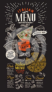 Pizza restaurant menu on chalkboard background. Vector food flyer for bar and cafe. Design template with vintage hand-drawn illus