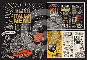 Pizza restaurant menu. Vector food flyer for bar and cafe. Design template with vintage hand-drawn illustrations on chalkboard. photo