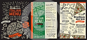 Pizza restaurant menu. Vector food flyer for bar and cafe. Design template with vintage hand-drawn illustrations on blackboard ba