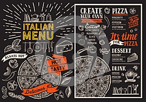 Pizza restaurant menu. Vector food flyer for bar and cafe. Design template on chalkboard background with vintage hand-drawn illus photo