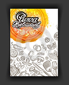 Pizza restaurant, sketch menu, food cafeteria