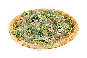 Pizza rucola or arugula with mozzarella cheese and salami isolated on white background