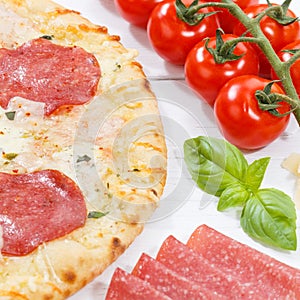 Pizza salami baking ingredients square on wooden board