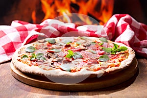 Pizza with salami, ham and vegetables