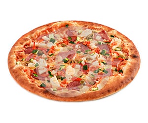 Pizza with salami, sausage, ham, green olives, red pepper, cucumber, pineapple on white isolated
