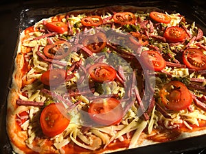 Pizza with salami, tomatoes and pesto