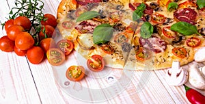 Pizza with Salami Vegetables and Spices on a white wooden background with copy space.