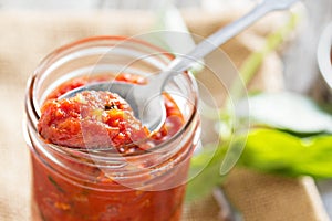 Pizza sauce in a jar selective focus