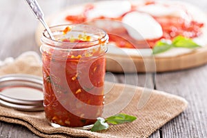 Pizza sauce in a jar selective focus