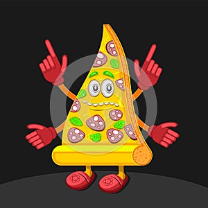 Pizza with sausage glasses sneakers glasses with four hands cartoon on a black isolated background vector image