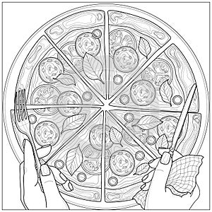 Pizza with sausage, tomatoes and basil.Coloring book antistress for children and adults