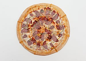 Pizza with sausage on a white background