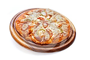 Pizza Sausage on a wooden platter. White background