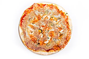 Pizza with seafood isolated over white background. Top view.