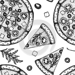 Pizza seamless pattern background design. Engraved style. Hand drawn greek pizza.