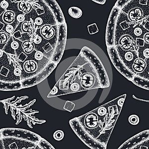 Pizza seamless pattern background design. Engraved style. Hand drawn greek pizza.