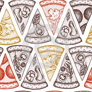 Pizza seamless pattern background design. Engraved style. Hand drawn greek, margherita, pepperoni, veggie, ham and