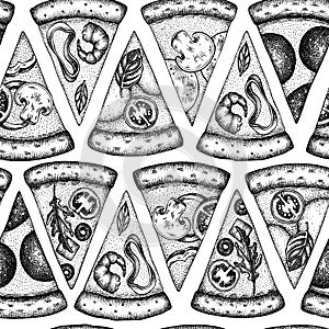 Pizza seamless pattern background design. Engraved style. Hand drawn greek, margherita, pepperoni, veggie, ham and