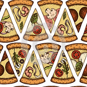 Pizza seamless pattern background design. Engraved style. Hand drawn greek, margherita, pepperoni, veggie, ham and