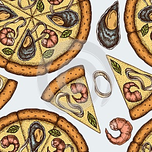 Pizza seamless pattern background design. Engraved style. Hand drawn seafood pizza.