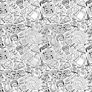 Pizza seamless pattern hand drawn sketch. Pizza Doodles Food background with flour and other food ingredients, oven and kitchen to